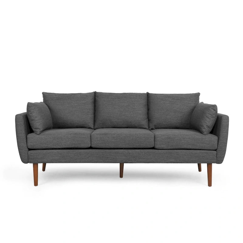 3-Seater Sofa with Pillow-Back Design and Birchwood Legs, Charcoal Fabric