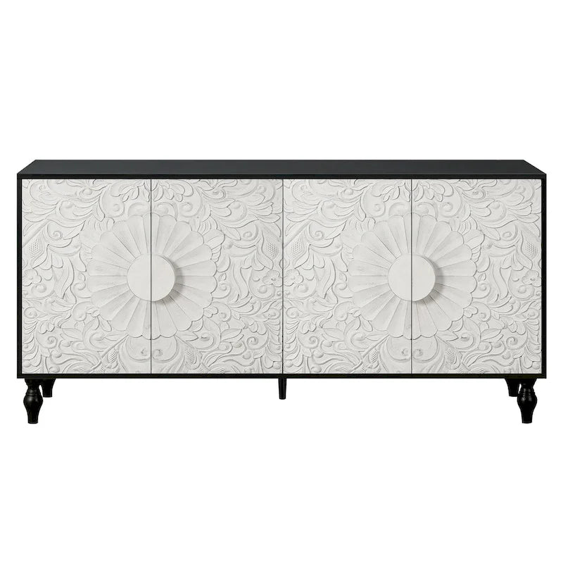 Lily Carved Flower Door Large Storage Sideboard Cabinet with Shelves by GDFStudio