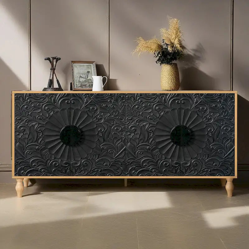 Lily Carved Flower Door Large Storage Sideboard Cabinet with Shelves by GDFStudio