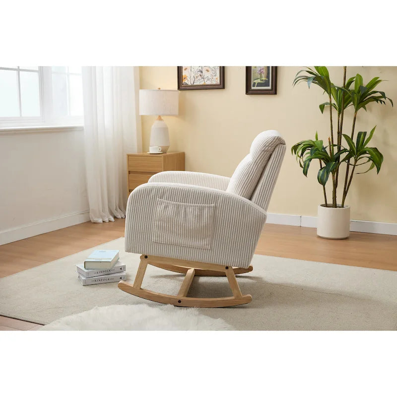Accent Rocking Chair with Solid Wood Legs, Upholstered Nursery Glider Rocker, Comfy Armchair with Side Pocket