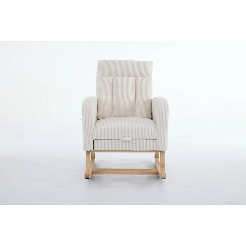 Accent Rocking Chair with Solid Wood Legs, Upholstered Nursery Glider Rocker, Comfy Armchair with Side Pocket