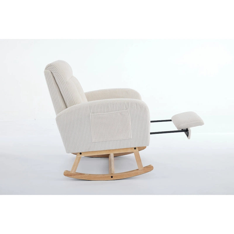 Accent Rocking Chair with Solid Wood Legs, Upholstered Nursery Glider Rocker, Comfy Armchair with Side Pocket