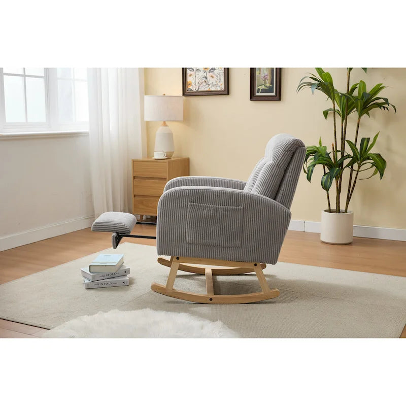 Accent Rocking Chair with Solid Wood Legs, Upholstered Nursery Glider Rocker, Comfy Armchair with Side Pocket