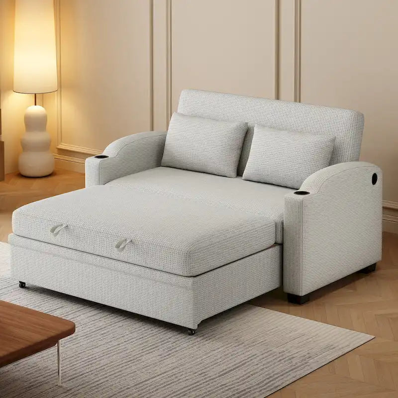 Chenille Convertible Loveseat Sofa Bed with Adjustable Backrest, USB Ports, and Cup Holders