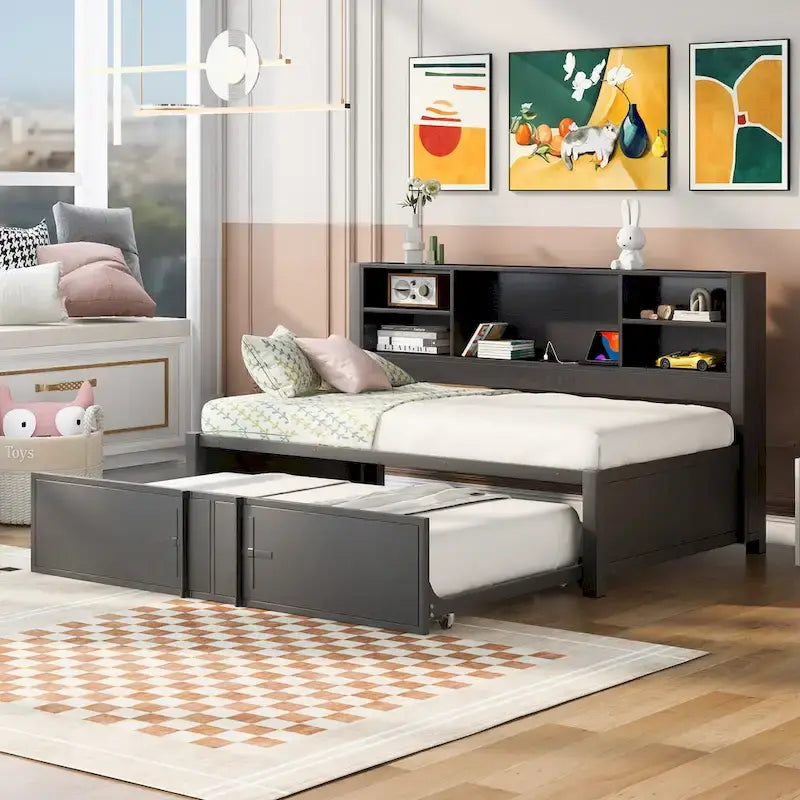 Twin Size Metal Upholstered Daybed w/ Twin Size Trundle Bunk Bed Frame & USB Ports & Storage Shelves Space-Saving, Easy Assembly