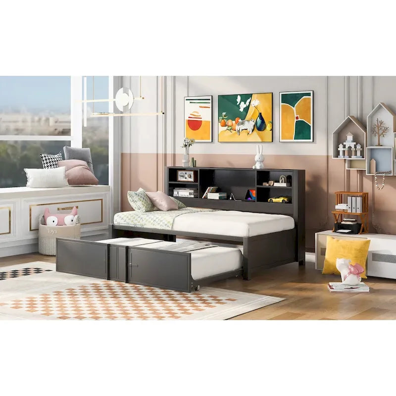 Twin Size Metal Upholstered Daybed w/ Twin Size Trundle Bunk Bed Frame & USB Ports & Storage Shelves Space-Saving, Easy Assembly