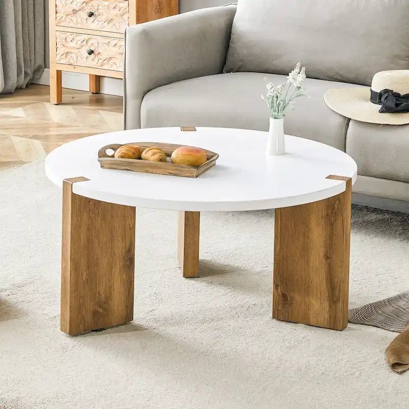 Coffee Table Round Coffee Table with Rectangular Legs Home Center Table Wooden Side Table for Living Room