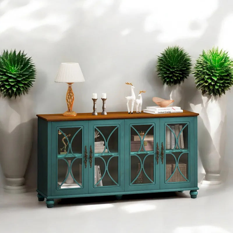 Elegant European Antique 4-Door Cabinet with Tempered Glass, Adjustable Shelves, Solid Wood Legs for Living Room, Dining Room