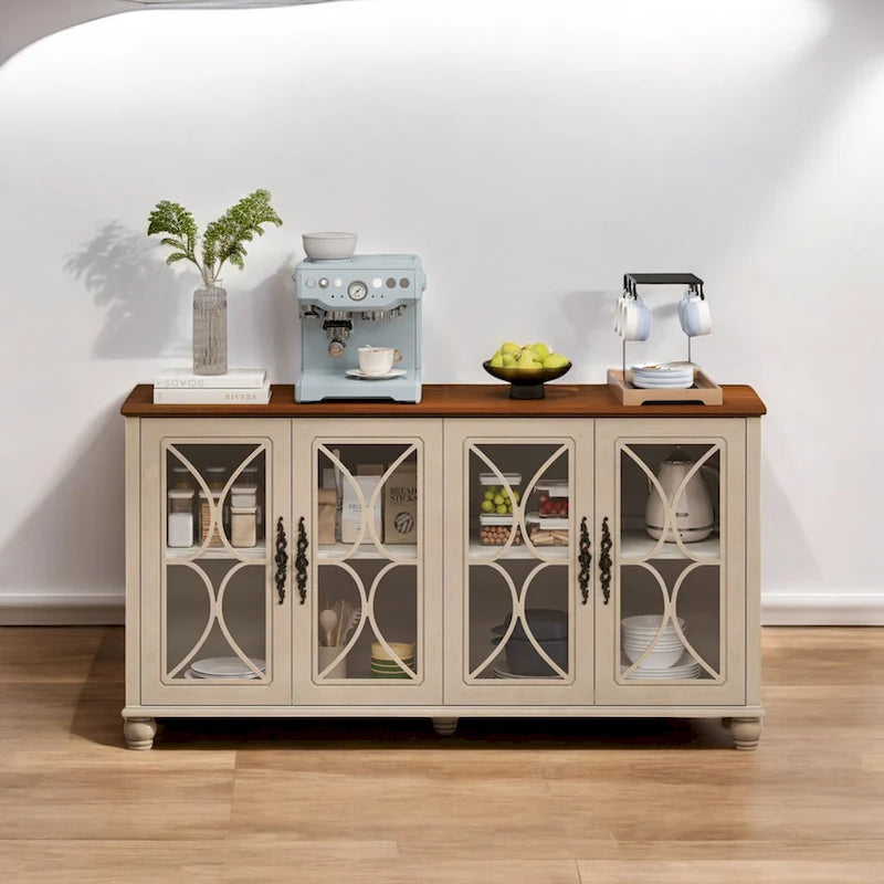 Elegant European Antique 4-Door Cabinet with Tempered Glass, Adjustable Shelves, Solid Wood Legs for Living Room, Dining Room
