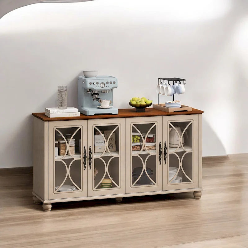 Elegant European Antique 4-Door Cabinet with Tempered Glass, Adjustable Shelves, Solid Wood Legs for Living Room, Dining Room