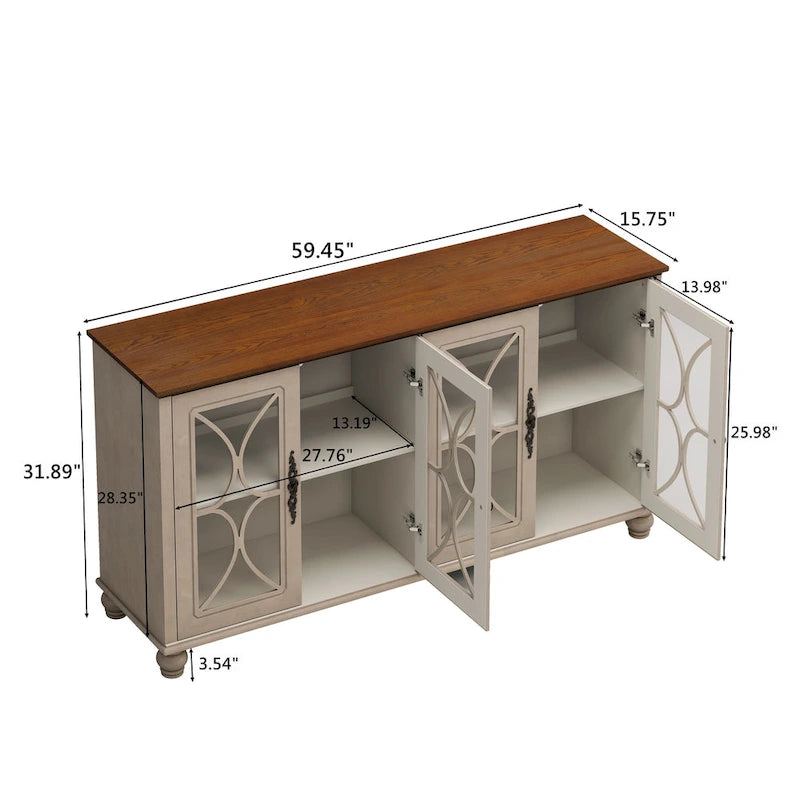 Elegant European Antique 4-Door Cabinet with Tempered Glass, Adjustable Shelves, Solid Wood Legs for Living Room, Dining Room