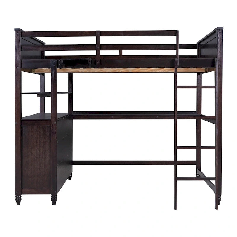 Full size Loft Bed with Drawers and Desk, Wooden Loft Bed with Shelves