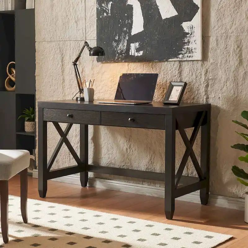 Charming Home Office Desk with Two Drawers and X-Brace Leg Frame