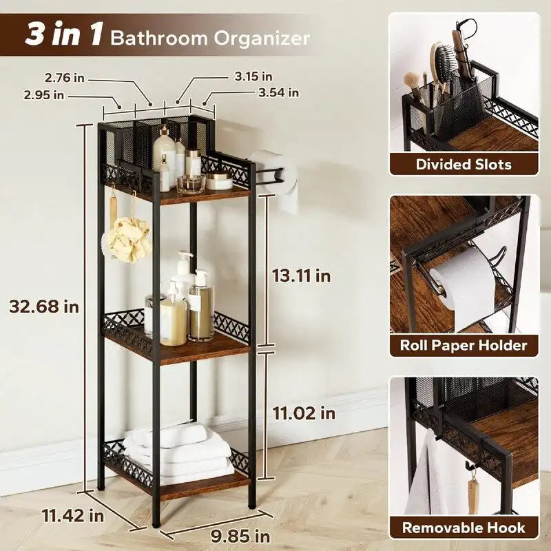 3-Tier Bathroom Shelf Organizer - 11.42D x 9.85W x 32.68H