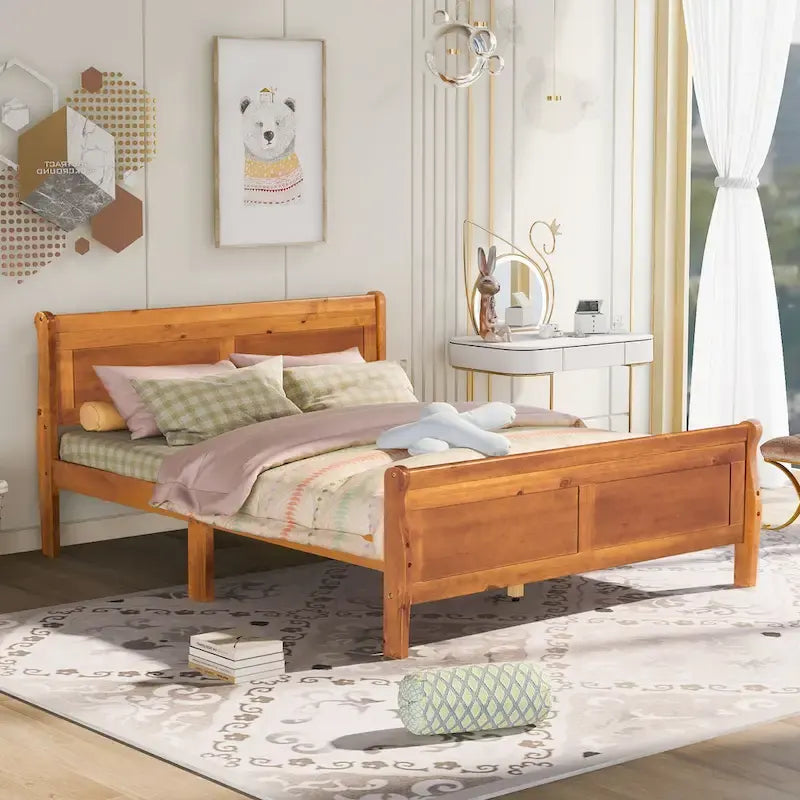 Queen Size Wood Platform Bed with Headboard and Wooden Slat Support, Oak