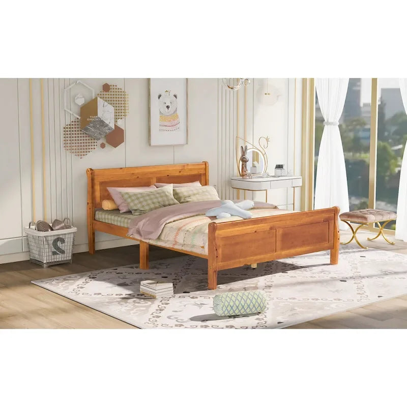 Queen Size Wood Platform Bed with Headboard and Wooden Slat Support, Oak