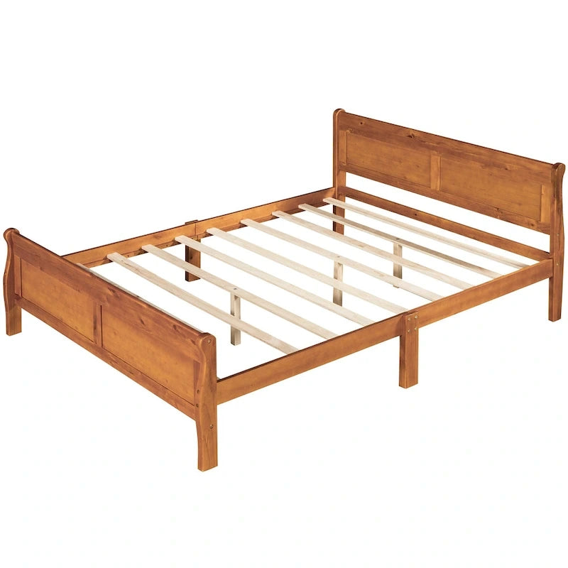 Queen Size Wood Platform Bed with Headboard and Wooden Slat Support, Oak