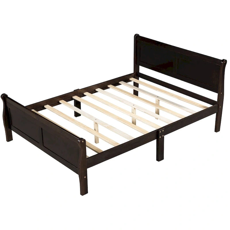 Queen Size Wood Platform Bed with Headboard and Wooden Slat Support, Oak
