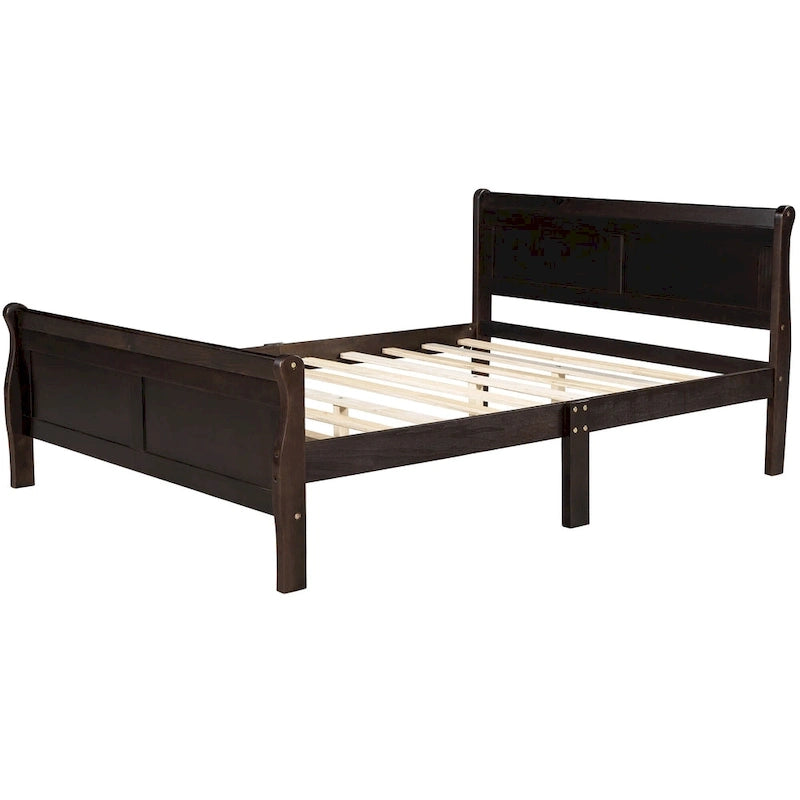Queen Size Wood Platform Bed with Headboard and Wooden Slat Support, Oak