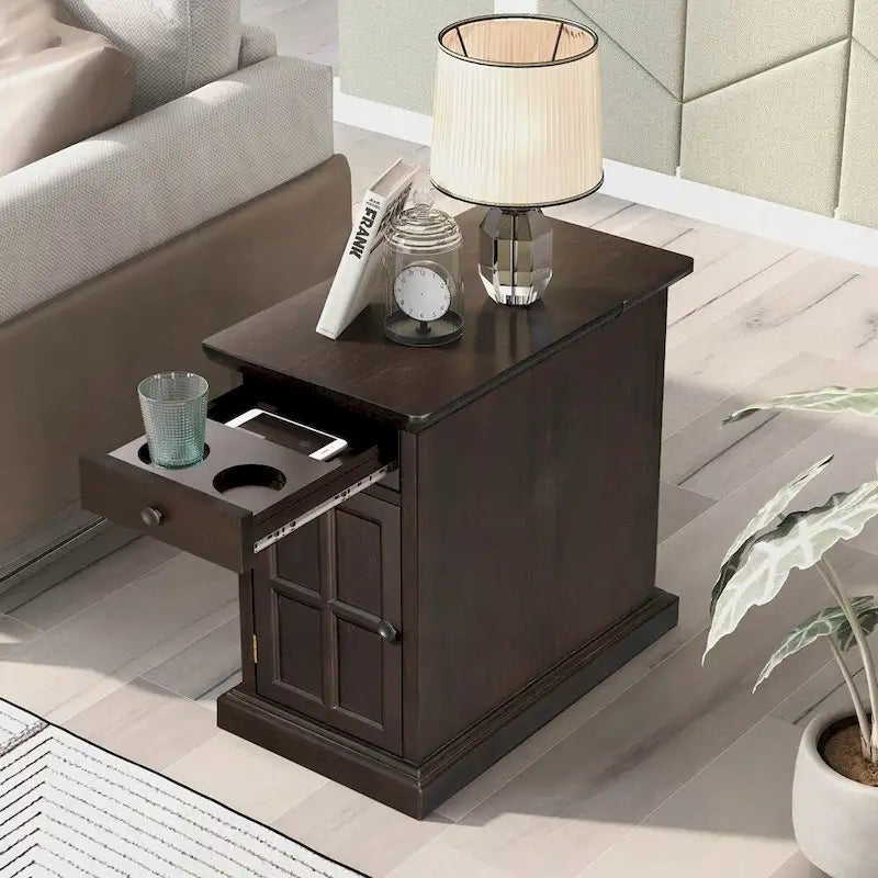 End Table Side Table with USB Ports and One Multifunctional Drawer with cup holders