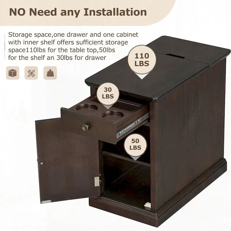 End Table Side Table with USB Ports and One Multifunctional Drawer with cup holders