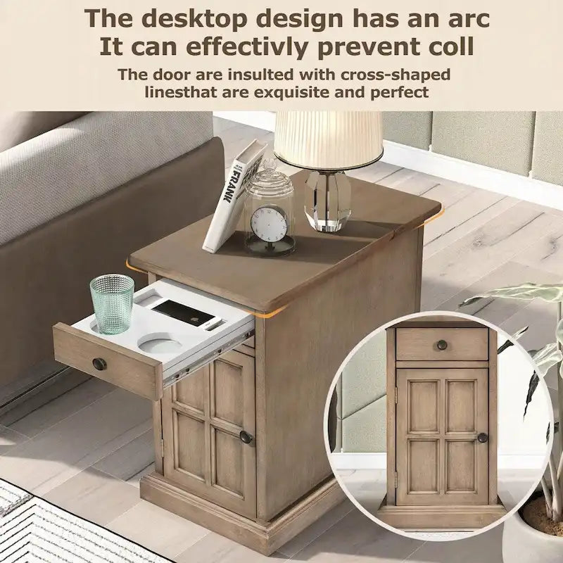 End Table Side Table with USB Ports and One Multifunctional Drawer with cup holders