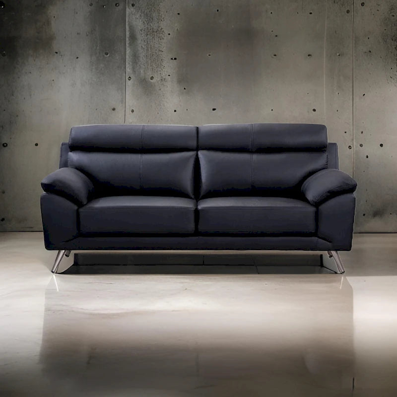 Justin Sofa, Black Top Grain Leather, Foam Cushions, Steel Legs, 80 Inch