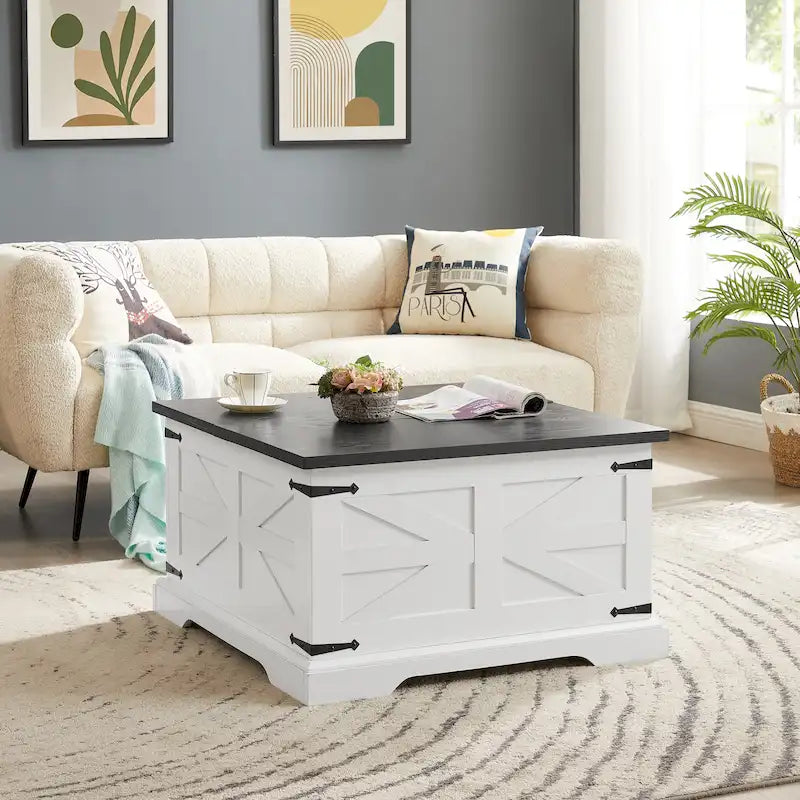 Farmhouse Coffee Table Square Wooden Table with Large Hidden Storage Compartment Hinged Lift Table Top, for Living Room