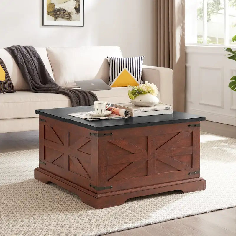 Farmhouse Coffee Table Square Wooden Table with Large Hidden Storage Compartment Hinged Lift Table Top, for Living Room