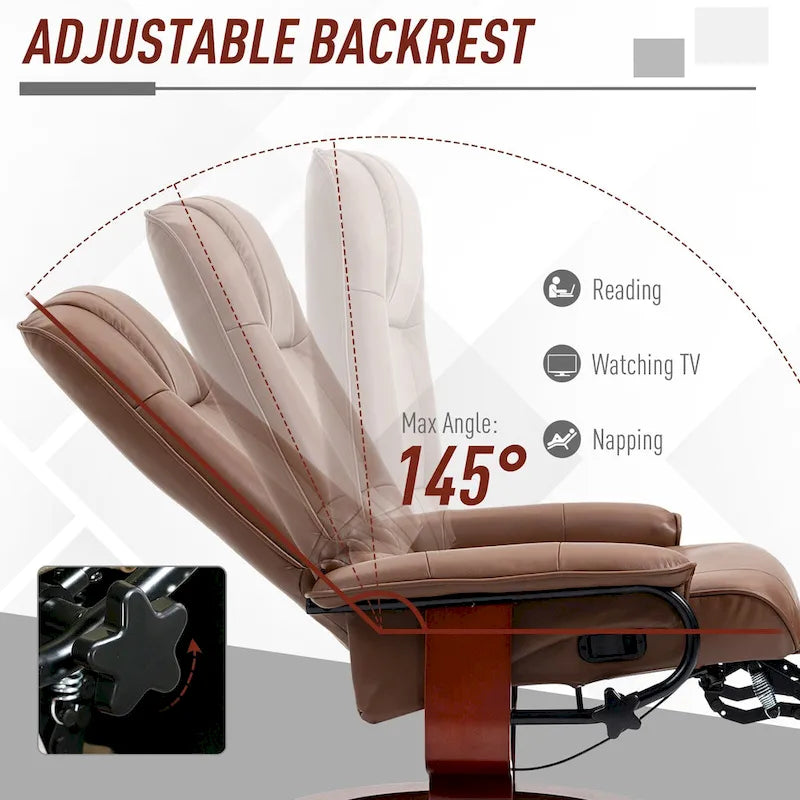 PU Leather Manual Recliner Chair Modern Lounge Chair Adjustable Swivel Armchair Chair with Wood Base and Footrest