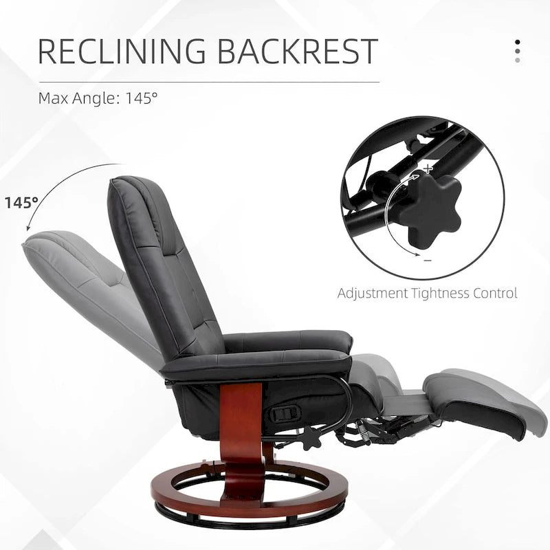 PU Leather Manual Recliner Chair Modern Lounge Chair Adjustable Swivel Armchair Chair with Wood Base and Footrest