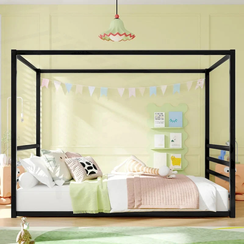 Modern Iron Double-Size Floor Bed with Multi-Functional Guardrails and Stable Structure