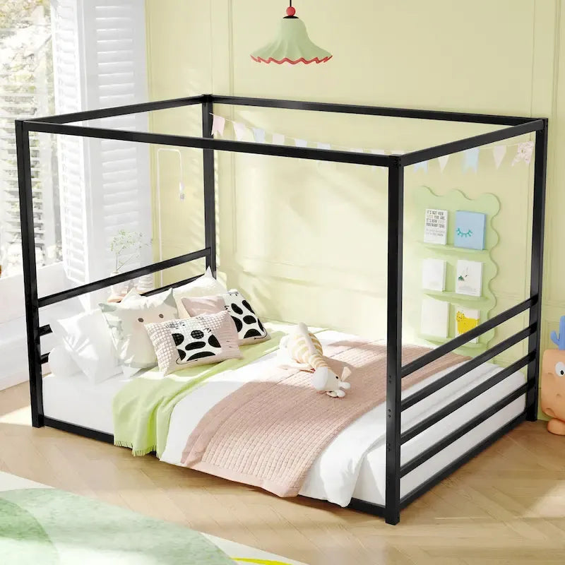 Modern Iron Double-Size Floor Bed with Multi-Functional Guardrails and Stable Structure