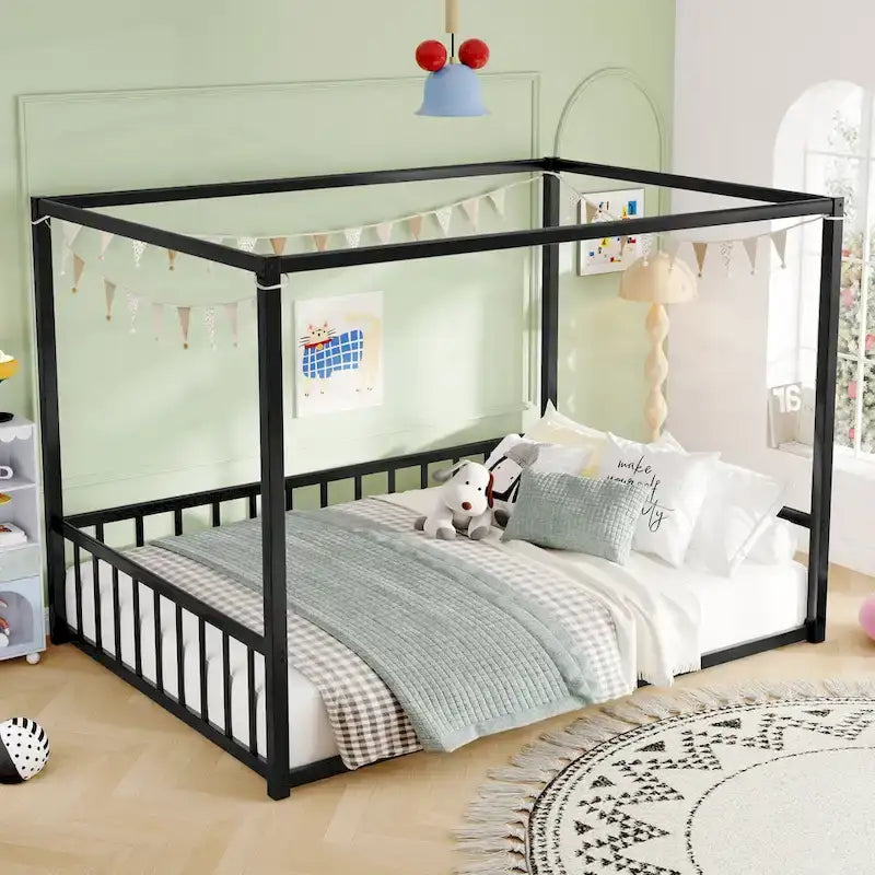 Modern Iron Double-Size Floor Bed with Multi-Functional Guardrails and Stable Structure
