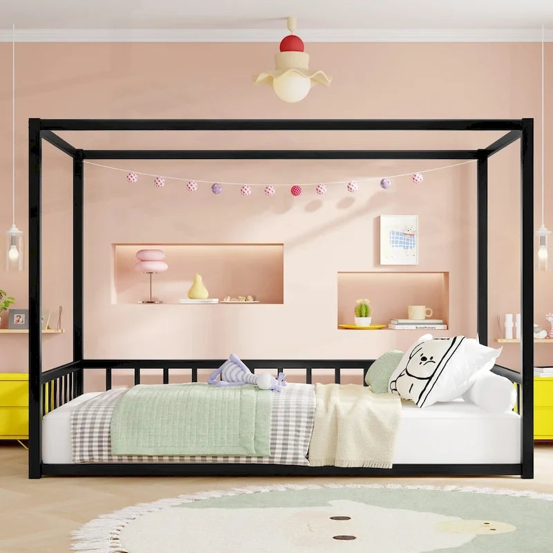 Modern Iron Double-Size Floor Bed with Multi-Functional Guardrails and Stable Structure