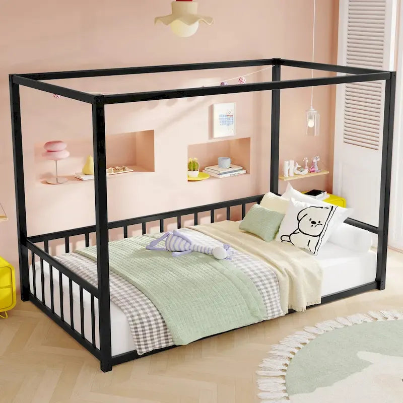 Modern Iron Double-Size Floor Bed with Multi-Functional Guardrails and Stable Structure