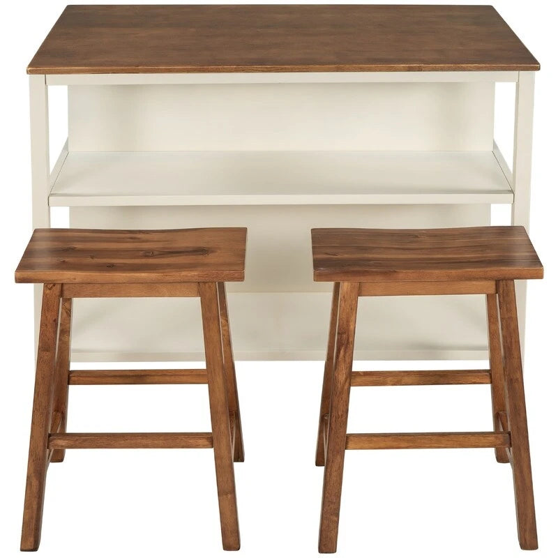 Rustic 3-Piece Solid Wood Kitchen Island Set  45 Stationary Butcher Block Table With Two Seating Stools & Dual Open Shelves.