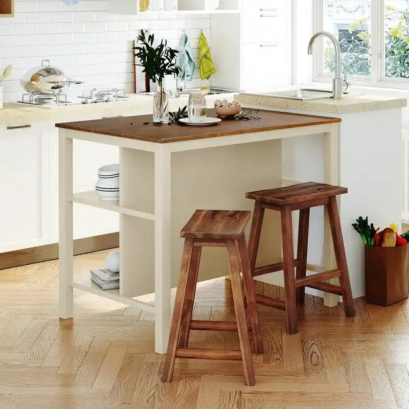Rustic 3-Piece Solid Wood Kitchen Island Set  45 Stationary Butcher Block Table With Two Seating Stools & Dual Open Shelves.
