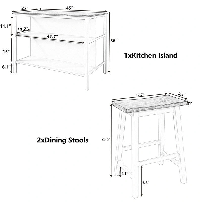 Rustic 3-Piece Solid Wood Kitchen Island Set  45 Stationary Butcher Block Table With Two Seating Stools & Dual Open Shelves.