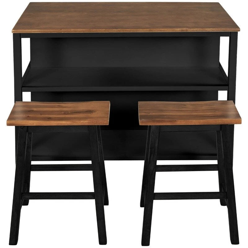 Rustic 3-Piece Solid Wood Kitchen Island Set  45 Stationary Butcher Block Table With Two Seating Stools & Dual Open Shelves.