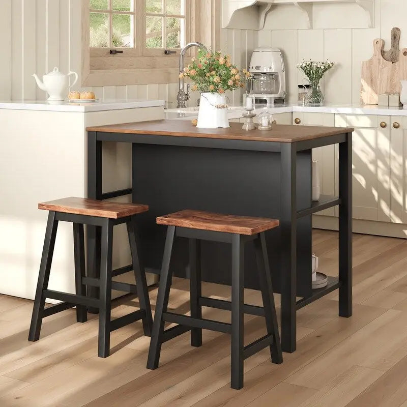Rustic 3-Piece Solid Wood Kitchen Island Set  45 Stationary Butcher Block Table With Two Seating Stools & Dual Open Shelves.