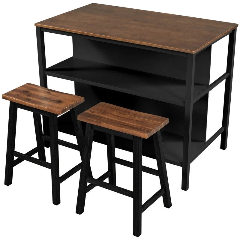 Rustic 3-Piece Solid Wood Kitchen Island Set  45 Stationary Butcher Block Table With Two Seating Stools & Dual Open Shelves.