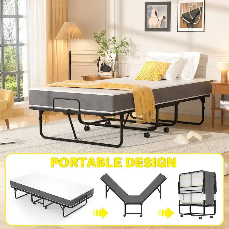 Folding Bed with 5 Inch Memory Foam Mattress, Small Single Bed Extra Guest Bed with Wheel