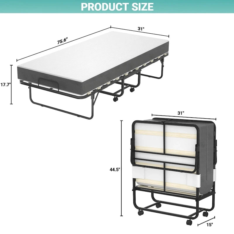 Folding Bed with 5 Inch Memory Foam Mattress, Small Single Bed Extra Guest Bed with Wheel
