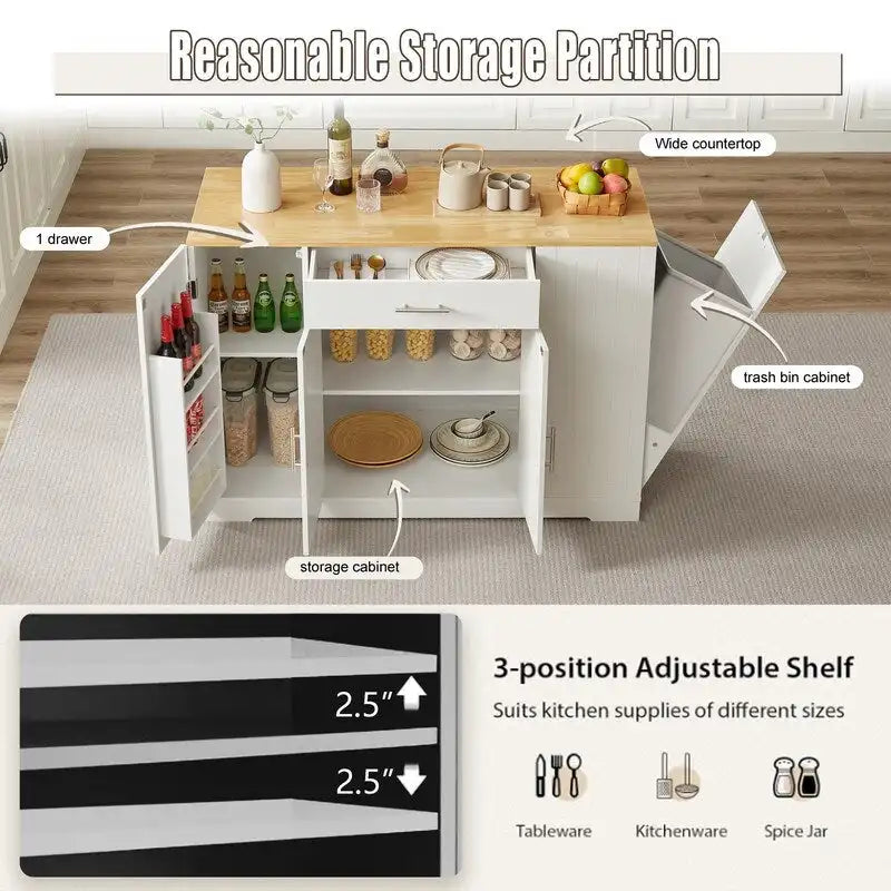53-Inch Kitchen Storage Island with Drawers & Built-In Trash Bin  Modern Farmhouse Design for Kitchen & Dining.