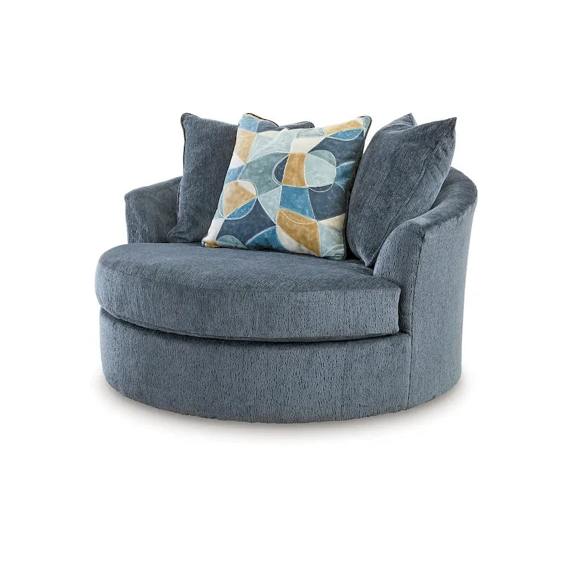 Maxo Accent Oversize Chair, 56 Inch, 360 Swivel, 3 Throw Pillows, Blue