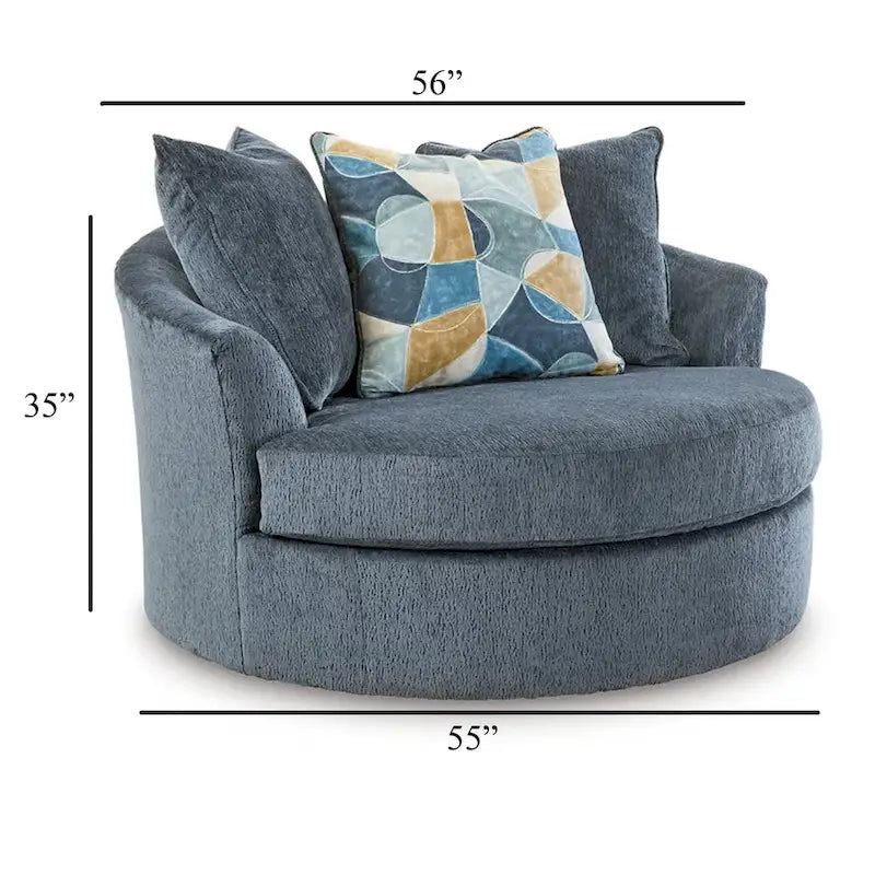 Maxo Accent Oversize Chair, 56 Inch, 360 Swivel, 3 Throw Pillows, Blue