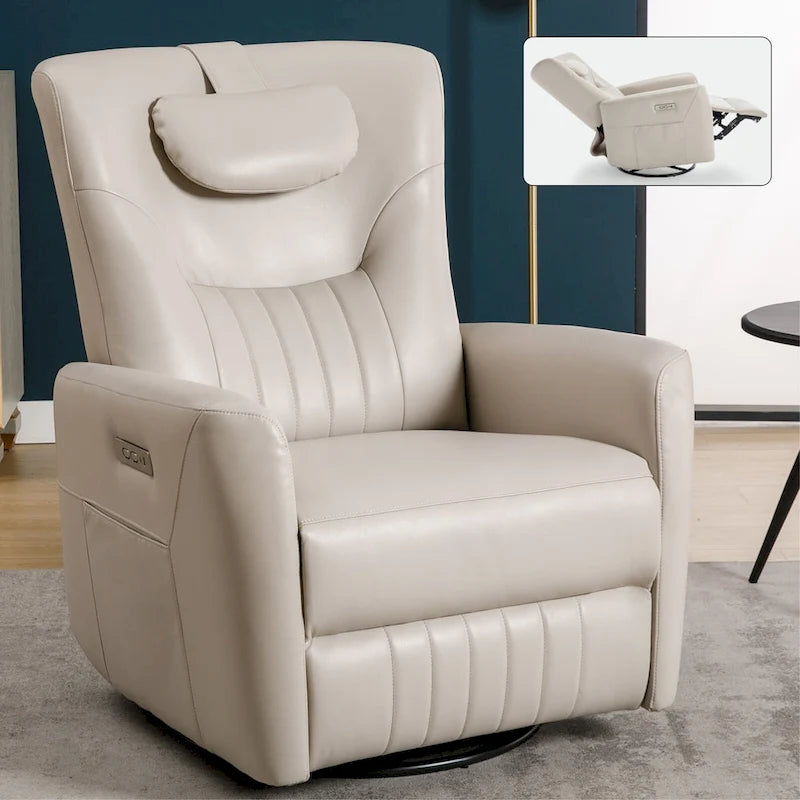 Leatheraire Swivel and Rocker Power Recliner Chair, Modern Single Recliner w/Lumbar & Neck Support Pillow, USB and Type-C Ports