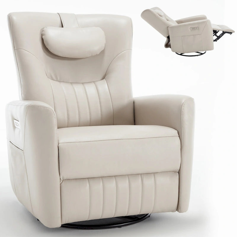 Leatheraire Swivel and Rocker Power Recliner Chair, Modern Single Recliner w/Lumbar & Neck Support Pillow, USB and Type-C Ports
