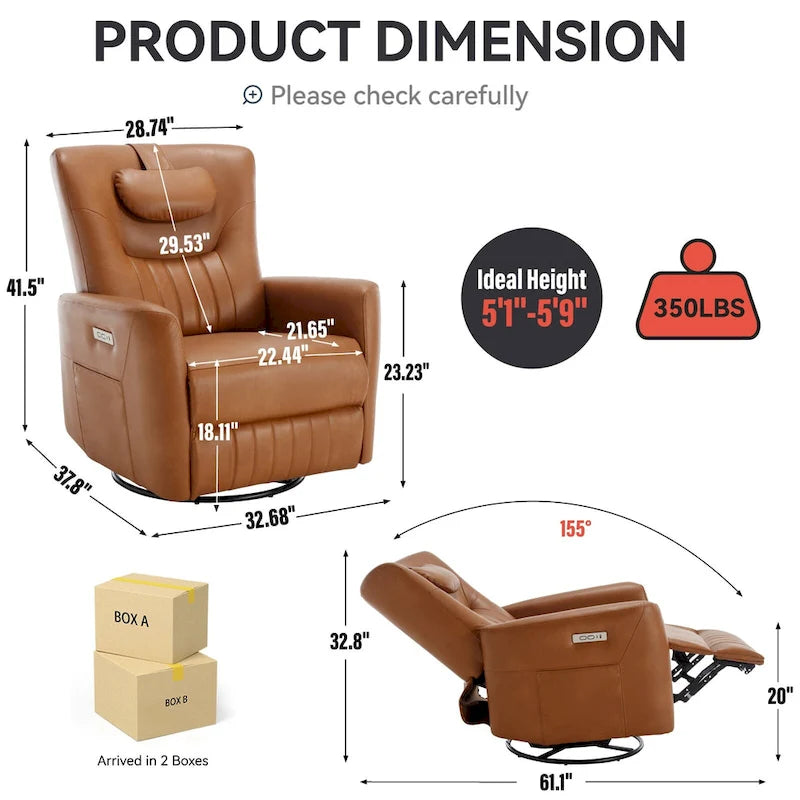 Leatheraire Swivel and Rocker Power Recliner Chair, Modern Single Recliner w/Lumbar & Neck Support Pillow, USB and Type-C Ports